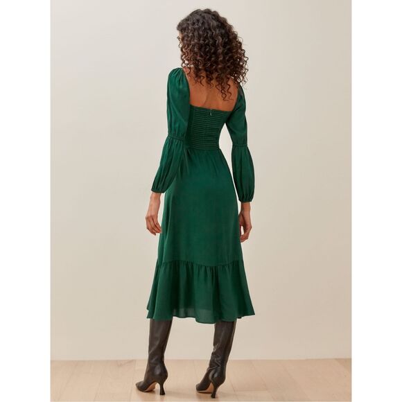 Reformation Women's Smocked Ruffle Square-Neck Midi Mica Dress In Emerald Size 8 - Picture 3 of 9